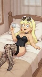 ai_generated black_corset fishnets holding_condom leni_loud solo_female tagme teenage_girl the_loud_house thighhighs