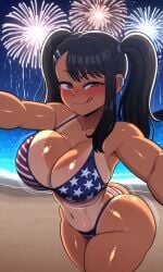 4th_of_july abs absurd_res ai_generated asian_female ass_cleavage bangs beach beach_background big_breasts bikini blush blushing brown_eyes bubble_butt cute dark-skinned_female fireworks flag_bikini flag_print hairclip hayase_nagatoro highres huge_breasts large_breasts looking_at_viewer navel ocean peace_sign pigtails please_don't_bully_me,_nagatoro selfie shiny_skin shortstack smirk tan_body tanlines tanned thick_ass thick_thighs tongue_out wink
