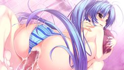 ass bikini blue_hair censored cum game_cg kamikaze_explorer long_hair okihara_kotoha oshiki_hitoshi penis pussy sex swimsuit wet