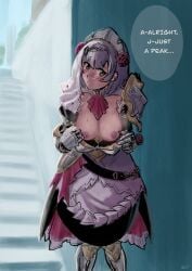 1girls blush bob_cut breasts_out clothed exposed_breasts exposing_breasts exposing_self genshin_impact green_eyes knees_together_feet_apart knight maid medium_breasts mihoyo nervous nipple_peek noelle_(genshin_impact) reluctant sinccubi stammering sweat text traditional_media_(artwork) white_hair white_skin