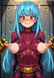 1boy ai_generated arms_behind_back belt blue_hair blush bodysuit breast_cutout breasts breasts_out capcom closed_mouth clothing female jousneystudio king_of_fighters_xv kof kula_diamond long_hair looking_at_viewer medium_breasts nipple_pull nipple_stimulation nipple_tweak nipples puffy_nipples red_eyes snk solo solo_focus straight sweat the_king_of_fighters trembling upper_body wavy_mouth