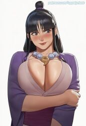 1girls ai_generated bangs big_breasts black_eyes black_hair blush blushing_female breast_focus breast_squish breasts breasts_bigger_than_head cleavage clothed clothed_female clothing embarrassed embarrassed_female female female_focus female_only gyakuten_saiban huge_breasts looking_away maya_fey necklace oppaipriest robe shy shy_expression solo solo_female solo_focus