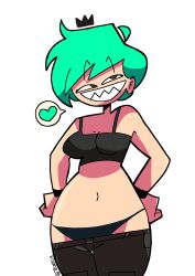 green_hair heart looking_at_viewer mocking_face mrtv_studios partially_clothed_female sharp_teeth simple_background smiling sports_bra tecnoclk vicky_(mrtv_studios) white_body wristband