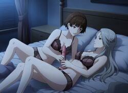 ai_generated bed bedroom bra braided_hair brown_hair candles dildo grey_hair hairclip implied_incest makoto_niijima night panties persona persona_(series) persona_5 red_eyes sae_niijima sex_toy sharing_dildo sister sister_and_sister sisters sweat teenager underwear yuri