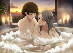 ai_generated bath bathroom blush braided_hair brown_hair bubbles candles convenient_censoring grey_hair hairclip implied_incest makoto_niijima persona persona_(series) persona_5 red_eyes sae_niijima sister sister_and_sister sisters suds sunset teenager washing yuri