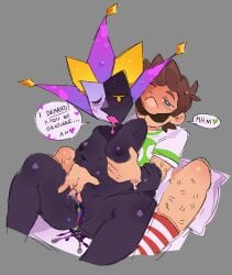 dimentio dimentiofucker69 fingering gentle gentle_maledom intimate luigi mario_(series) nintendo paper_mario period_blood self_upload shiny_skin super_paper_mario toony