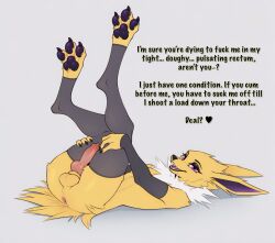 3_toes 4_fingers ai_generated anus erection femboy full_body jolteon knot legwear mostly_nude on_back penis presenting purple_eyes simple_background sleeves talking_to_viewer text