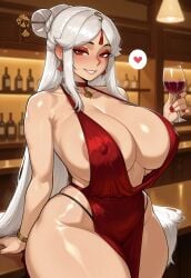 1girls ai_generated areola backless_dress bar bare_shulders blush breasts chinese_hairpin cleavage collarbone cowl_neck curvaceous_female curvaceous_figure curvy evening_dress evening_gown female female_focus female_only genshin_impact halter_dress heart huge_breasts inviting_to_sex large_breasts light-skinned_female mihoyo milf ningguang_(genshin_impact) plunging_neckline presenting presenting_self red_dress red_eyes red_eyeshadow remington34 seductive_look sexually_suggestive sideboob smile solo thicc_thighs thong underboob very_long_hair white_hair wide_hips