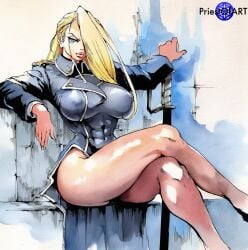 1girls ai_generated asymmetrical_hair blonde_hair covered_abs crossed_legs female fullmetal_alchemist fullmetal_alchemist_brotherhood military_uniform muscular muscular_female olivier_mira_armstrong priestofart shiny simple_background sitting solo solo_female watercolor watercolor_(artwork) watermark