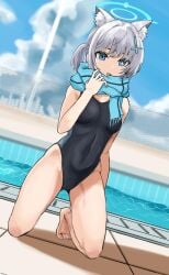 1girls 2d 2d_(artwork) 2d_artwork arm_behind_back belly belly_button bikini black_bikini black_one-piece_swimsuit black_sukumizu black_swimwear blue-eyed_female blue_archive blue_eyes blue_halo blue_sky blurred_background blurry_background breasts calves chan_ye2 clouds day daylight daytime digital digital_art digital_drawing digital_drawing_(artwork) digital_media digital_media_(artwork) elbows feet female female_focus female_only fingers full_body grey-haired_female grey_hair groin hair_between_eyes hair_ornament hair_ornaments halo hand_behind_back high_resolution highres inguinal_crease inguinal_ligament kneeling kneeling_female kneeling_on_floor kneeling_on_ground knees lean_figure legs linea_alba looking_at_viewer narrow_waist navel one-piece_swimsuit outdoor outdoors outside pool poolside school_swimsuit shiroko_(blue_archive) shiroko_(swimsuit)_(blue_archive) shoulders sitting sky slender_body slender_waist slim_waist solo stomach sukumizu swimsuit swimwear thighs toes white_pupils