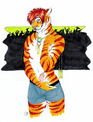 anthro clothing feline fur furry glowstick humanoid_penis looking_at_viewer male male_only necklace penis rave red_hair shorts solo thewhitefalcon tiger undressing