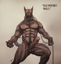 1boy anthro armband balls canine chains collar english_text erection fur furry gloves kamui_jack leash male male_only muscles nipples nude penis precum solo text