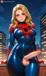 ai ai_generated blonde_hair blue_eyes cock_keyhole_clothing futanari genderswap_(mtf) marvel medium_breasts spider-man spider-man_(series)