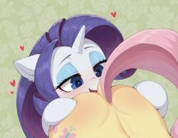2girls abstract_background ai_generated anal anilingus anilingus_from_female ass blue_eyes blush dock_(anatomy) duo eyeshadow female female/female feral feral_on_feral floating_heart floral_background fluttershy_(mlp) friendship_is_magic hair hand_on_butt hasbro hooves horn inner_ear_fluff lesbian_sex lidded_eyes makeup my_little_pony offscreen_character open_mouth open_smile oral pink_tail pony purple_hair raised_tail rarity_(mlp) rimming rimming_female sex smile tail tuft tyto4tme4l unicorn_horn white_body yellow_body yuri