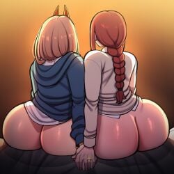 ai_generated bottomless chainsaw_man dumptruck_ass eycocho holding_hands lesbian_couple makima_(chainsaw_man) married_couple power_(chainsaw_man) wedding_ring wife_and_wife yuri