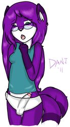 anthro balls blush canine dani_(daniruu) daniruu dickgirl ear erection fox futanari glasses hair herm intersex kitsune long_hair long_tail multiple_tails panties penis purple surprised tail tank_top underwear