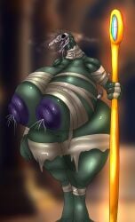 2025 alligator alligatorid anthro ass bandage big_breasts big_butt biped bodily_fluids bone breasts crocodilian curvy_figure drooling female genitals green_body hi_res holding_object holding_weapon huge_breasts huge_butt lactating melee_weapon milk monster mostly_nude nipples open_mouth reptile saliva scalie skull skull_head solo staff standing tail teeth thick_thighs tongue tongue_out undead vf-01s voluptuous vulva weapon wide_hips