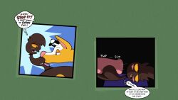 antlers blue_eyes blush blush_lines breast_lick breast_play breasts brown_body brown_fur dialogue embarrassed embarrassed_expression embarrassed_horny fur generation_2_pokemon genitals girafarig hi_res horn kyp_(character) licking living_tail male nintendo nonbinary_(lore) onomatopoeia orange_sclera penis pink_nose pink_tongue pokemon pokemon_(species) purple_tongue respecies sharp_teeth sound_effects speech_bubble tail tail_head teeth text tongue trevor-fox_(character) unusual_anatomy unusual_tail yellow_body yellow_fur