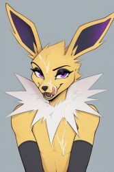 ai_generated bust_portrait cum_on_face eyeshadow femboy jolteon mostly_nude narrowed_eyes purple_eyes sleeves