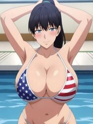 1female 1girls ai_generated american_flag_bikini bikini black_hair blue_eyes blush female female_focus female_only hands_behind_head high_res hires looking_at_viewer pony_tail pool shuumatsu_no_harem smile solo solo_female tagme toudou_akira_(shuumatsu_no_harem)