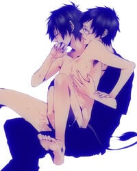 ao_no_exorcist barefoot brothers clothed_male_nude_male clothed_on_nude cmnm cum cum_on_body glasses handjob hickey incest male nude okumura_rin okumura_yukio penis pointy_ears siblings sitting spread_legs tail yaoi