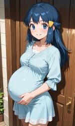 ai_generated blue_eyes blue_hair dawn_(pokemon) female holding_pregnant_belly pokemon pokemon_protagonist pokemon_trainer pregnant pregnant_female pregnant_pokegirl