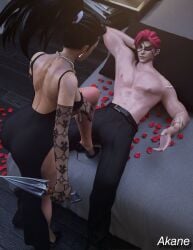 akali akanesarts balck_gloves black_dress black_hair couple female hard_dick jewelry kayn kayn_(lol) kayn_heartsteel kda_akali league_of_legends male male/female muscles muscular_female muscular_male pink_hair romantic_couple sexy sexy_pose tattoo tattoos weapon