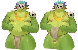 anthro balls belly blush bone bone_mask bottomwear bulge clothed clothing clothing_lift foreskin freakdan1el genitals green_body hi_res humanoid_genitalia humanoid_penis lizard loincloth loincloth_lift male male_anthro mask moobs nipples overweight overweight_anthro overweight_male penis presenting presenting_penis reptile scalie simple_background skull skull_accessory skull_mask small_penis solo terraria thick_thighs white_background witch_doctor_(terraria)
