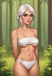 1girls 2d 2d_(artwork) ai_assisted ai_generated bottomwear breasts ciri daeisi digital_drawing_(artwork) digital_media_(artwork) female female_focus female_only forest_background light-skinned_female light_skin medium_breasts outdoors outside panties smile smiling the_witcher_(series) the_witcher_3:_wild_hunt topwear underboob underwear white_hair white_panties white_top