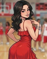 ai_generated brown_hair cleavage disney disney_channel gabriella_montez gemini gymnasium high_school_musical_(series) red_dress