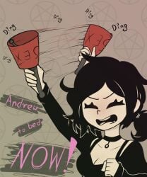 andrew_graves ashley_graves black_choker black_hair breasts calling campaign choker closed_eyes imminent_penetration imminent_sex imminent_vaginal neckline open_mouth staff the_coffin_of_andy_and_leyley