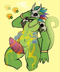 animal_genitalia anthro bone bone_mask disembodied_hand erection fishtacosad genital_slit genitals green_body heart_symbol hi_res jewelry lizard male markings mask necklace nude penis reptile scalie shoulder_guards skull skull_mask solo tapering_penis terraria witch_doctor_(terraria)