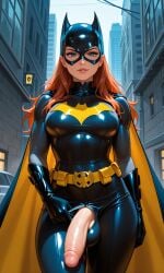 ai ai_generated barbara_gordon batgirl batgirl_(barbara_gordon) batgirl_(dcau) batman_(series) blue_eyes city_background futanari ginger_hair medium_breasts