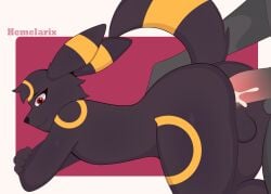 anthro backsack balls black_body black_fur bodily_fluids canid canine digital_media_(artwork) duo eeveelution femboy fluffy fur generation_2_pokemon genital_fluids genitals hemelarix hi_res looking_at_viewer male male_penetrating mammal nintendo penetration penis pokemon pokemon_(species) sex simple_background tail umbreon