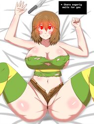 1girls bed between_labia blush blush_stickers breasts brown_hair chara dialogue fae-sama female indoors innie_pussy looking_at_viewer lying missionary pov red_eyes shorts smile solo spread_legs striped_stockings stripes text text_box undertale voluptuous