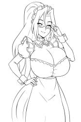 1girls adjusting_glasses breasts cleavage cleavage_cutout glasses grin hair_between_eyes hand_on_hip hanyuu_mizuki huge_breasts iggy-bomb line_art long_hair long_sleeves looking_at_viewer maid maid_headdress maid_uniform ponytail solo solo_female vampire_(ova) wide_hips