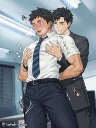 2boys aroused artist_name biceps black_hair blurry_background blush ceiling ceiling_light duo ebitendon fully_clothed gay grabbing grabbing_breasts grabbing_from_behind hands_behind_head hi_res hypnosis hypnotic_eyes indoors male male/male male_only mature_male muscles muscular muscular_arms muscular_male necktie no_visible_genitalia office original original_character pink_eyes short_hair smile standing suit sweat sweatdrop swirly_eyes torakitchen torakitchen_(ebitendon) white_shirt yaoi