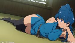 1girl 1girls absurd_res ahoge ai_assisted ai_generated anime ass black_thighhighs blue_eyes blue_hair boobs breasts bubble_butt butt cleavage curvaceous curvy curvy_figure hand_on_own_face high_ponytail high_resolution highres hourglass_figure huge_ass huge_breasts huge_butt indoor japanese_room large_breasts light-skinned_female long_hair looking_at_viewer lying mushoku_tensei nina_farion nipples on_side patreon patreon_logo patreon_username ponytail seductive_smile see-through smile solo tatami thick_thighs thighs underboob veyluna voluptuous wide_hips wooden_walls