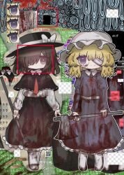 !? 2girls ? abstract_background axe bag bags_under_eyes bandaid black_capelet black_hat black_skirt blonde_hair blood blood_on_axe blood_on_clothes blood_on_face bow brown_eyes brown_hair buttons capelet censored collared_dress collared_shirt commentary_request contrast_collar dress english_text expressionless eyepatch fake_transparency female female_only frilled_dress frilled_skirt frills full_body guro hair_over_one_eye hat hat_bow headless highres holding holding_axe holding_bag holding_lead_pipe lead_pipe long_sleeves maribel_hearn medium_hair mob_cap mosaic_censoring multiple_girls necktie no_shoes one_eye_covered projected_inset purple_dress purple_eyes qr_code red_necktie shirt shirt_tucked_in skirt sleepwalk_zzz socks standing straight-on touhou translation_request trash_bag usami_renko weirdcore white_hat white_socks