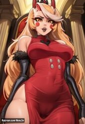 1girls ai_generated artist_name bare_shoulders black_gloves black_lips black_lipstick black_tail black_thighhighs breasts buttons charlie_morningstar_(hazbin_hotel) colored_skin crown demon demon_girl demon_horns demon_tail dress elbow_gloves english eyelashes fangs female female_only fingerless_gloves fingernails gloves gold_buttons hazbin_hotel heart hi_res high_resolution highres horn horns lips lipstick long_hair medium_breasts multicolored_horns nail_polish patreon patreon_url petticoat red_dress renz3n short_dress sleeveless sleeveless_dress sleeveless_turtleneck tail teeth thighhighs turtleneck turtleneck_dress two-tone_horns two-tone_tail very_long_hair watermark