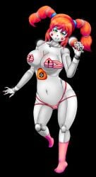 1girls 2d baby_(fnafsl) black_background blush breasts circus_baby circus_baby_(fnaf) clown clown_girl clown_nose clown_shoes eyes female female_only five_nights_at_freddy's five_nights_at_freddy's:_sister_location fnaf gloves green_eyes hair hand_on_breast large_breasts legs microphone orange_hair pink_panties red_cheeks robot robot_girl sister_location skirt smile smiling solo solo_female thighs white_body white_skin