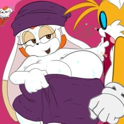 1boy 1girls anthro bestthe blue_eyes breasts brown_eyes bunny canine canine_humanoid cleavage daydream denizen1414 eyelashes female furry hips hyper hyper_breasts lagomorph lagomorph_humanoid large_breasts male miles_tails_prower mobian_(species) orange_hair rabbit sega sonic_(series) sonic_the_hedgehog_(series) sugar_the_rabbit tails_the_fox teasing towel towel_on_head towel_over_breasts wet_body white_fur yellow_fur