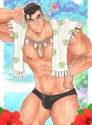 1boy abs arm_hair bara bespectacled black_eyes black_hair black_male_swimwear border chest_hair commentary_request cowboy_shot flower frank_castle fringe_trim glasses hand_on_own_hip heart hibiscus jewelry looking_at_viewer male_focus male_swimwear marvel marvel_rivals mature_male muscular muscular_male necklace nipples official_alternate_costume outdoors partial_commentary pectorals penis penis_peek red_flower round_eyewear semi-rimless_eyewear short_hair single_bang skull_print smile solo spiked_hair swim_briefs swimsuit the_punisher_(aqua_arsenal)_(marvel) the_punisher_(character) the_punisher_(series) towel towel_around_neck tree ushio_takigawa wet white-framed_eyewear white_border