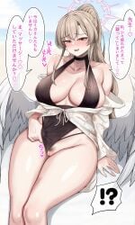 !? absurdres black_one-piece_swimsuit blue_archive blush breasts brown_hair clothing_aside commentary_request feathered_wings female female_pubic_hair groin halo halterneck highres large_breasts long_hair long_sleeves looking_at_viewer low_wings mukae_gou nagisa_(blue_archive) nagisa_(swimsuit)_(blue_archive) off_shoulder official_alternate_costume official_alternate_hairstyle one-piece_swimsuit open_clothes open_mouth ponytail presenting presenting_pussy pubic_hair sitting smile solo sunglasses swimsuit swimsuit_aside translation_request white_wings wings