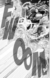 absurdres breasts coat dress energy_beam ericmartindood female fern_(sousou_no_frieren) highres holding holding_staff large_breasts mage_staff magic_circle monochrome sousou_no_frieren staff wind