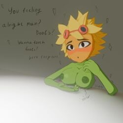 boobs?_wanna_touch_boobs? electronic_arts goggles goggles_on_head green_body green_skin plant_girl plantie plants_vs_zombies plants_vs_zombies:_heroes popcap popcap_games shadow2405 solar_flare_(pvz) sunflower