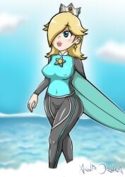 1girls 2020s 2022 akuroruka alternate_version_at_source alternate_version_available black_eyelashes blonde_hair blue_surfboard bodysuit breasts closed_mouth clothing commission crown day daytime earrings eyelashes female female_only gold_earrings green_eyes hair_over_one_eye holding_object holding_surfboard human human_only lips mario_(series) mario_and_sonic_at_the_olympic_games navel_line nintendo nipple_bulge ocean one_eye_covered one_eye_obstructed open_eyes page_2 princess princess_rosalina rubber rubber_clothing rubber_suit shiny_clothing signature silver_crown smile solo standing super_mario_galaxy surfboard wading walking water wetsuit