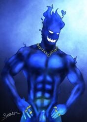 1boy abs blue_background blue_body blue_fire blue_penis chain_necklace chains cock elemental_creature fire gold_jewelry golden_rings grillby hands_on_hips jewelry male male_only muscular_male naked nude pecs peeking_penis penis_peek seductive solo tagme undertale white_eyes