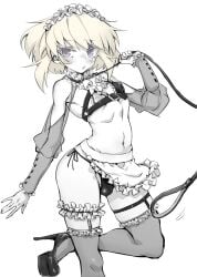 1boy androgynous bikini blonde_hair blush bob_cut bulge bulge_through_clothing collar crossdressing cupless_bra embarrassed femboy femboy_only heels high_heels leash leash_and_collar lio_fotia maid maid_apron maid_bikini maid_headdress male_only monochrome nipples partially_colored petite petite_body petite_male promare prprlo puffy_nipples short_hair slim slim_male slim_waist solo solo_male stockings thick_thighs thigh_strap thighhighs twink