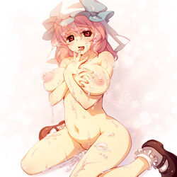 1girls bare_shoulders blush breasts cum cum_in_mouth cum_on_body cum_on_breasts cum_on_hair cum_on_upper_body female footwear hat large_breasts mary_janes navel nipples nude open_mouth pink_hair pussy red_eyes shoes short_hair sitting smile socks solo torazou touhou wariza white_legwear yuyuko_saigyouji